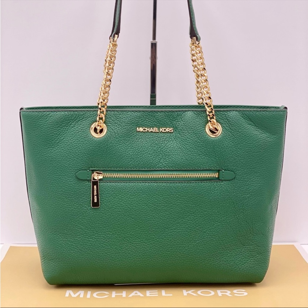 New Michael Kors Medium Front Zip Chain Tote Bag Leather Jewel Green